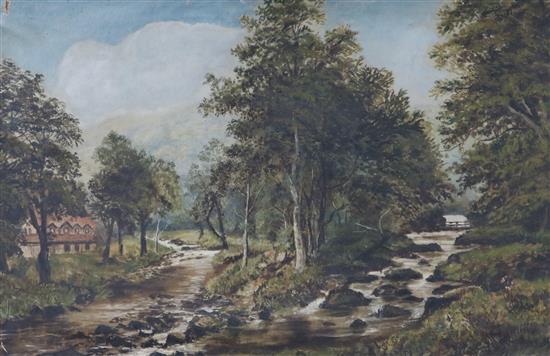 English School Country stream and birch trees 49 x 75cm